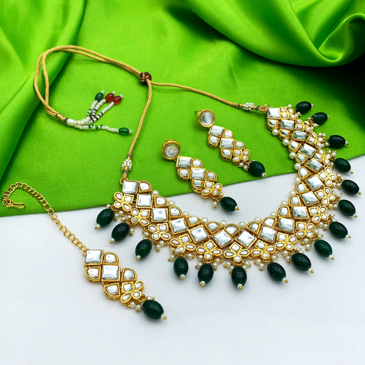 Sujwel Gold Kundan Necklace And Earrings With Maangtikka (08-0502)