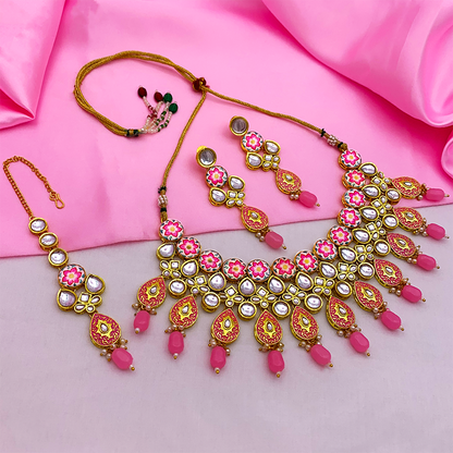 Sujwel Gold Plated Kundan Floral Design Choker Necklace Set (08-0459)