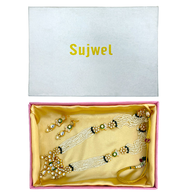 Sujwel Gold Kundan Meenakari Long Necklace And Earrings(08-0522)