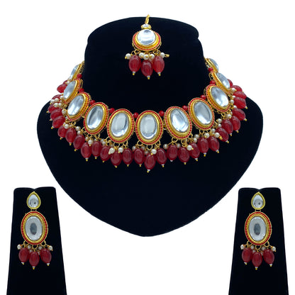 Sujwel Gold-Plated Kundan Necklace Set with Earrings, and Tikka for Girls and Women (08-0531)