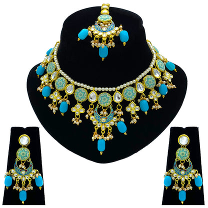 Sujwel Kundan and Meenakari with Floral Design Chokar Necklace Set (08-0285)