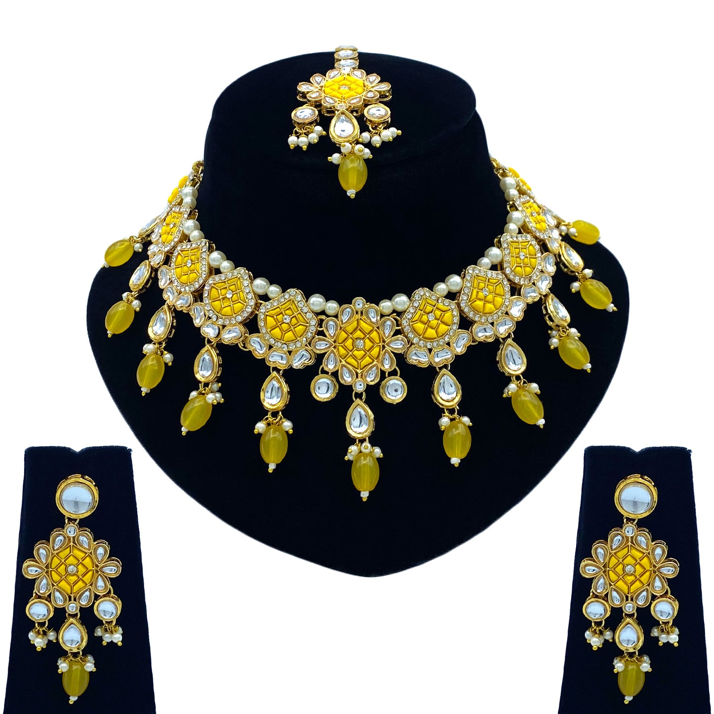 Sujwel Gold-Plated Kundan Necklace Set with Earrings, and Tikka for Girls and Women (08-0528)