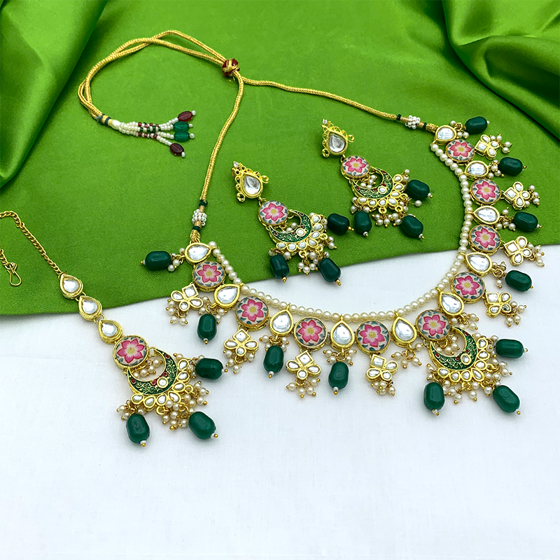 Sujwel Kundan and Meenakari with Floral Design Chokar Necklace Set (08-0285)