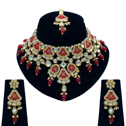 Sujwel Gold-Plated Kundan Necklace Set with Earrings, and Tikka for Girls and Women (08-0535)