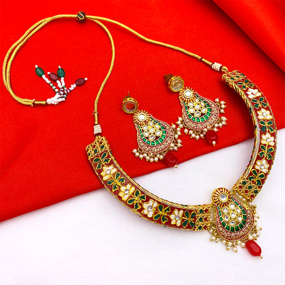 New Sujwel Imitation Hathi Dant Gold Necklace Set (08-0472)