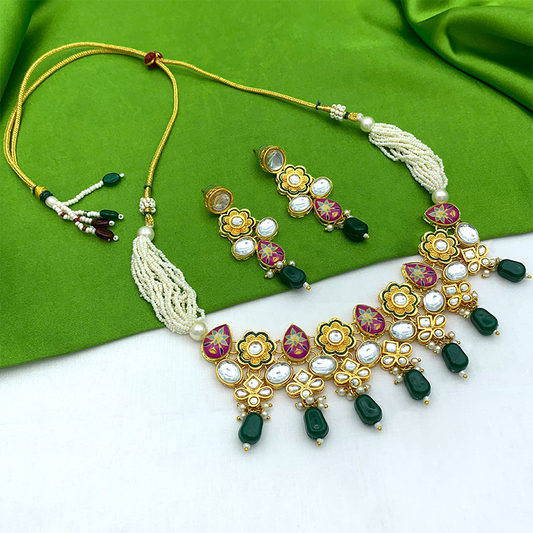 Sujwel Gold Plated Kundan Floral Design Choker Necklace Set (08-0482)