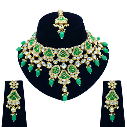 Sujwel Gold-Plated Kundan Necklace Set with Earrings, and Tikka for Girls and Women (08-0535)