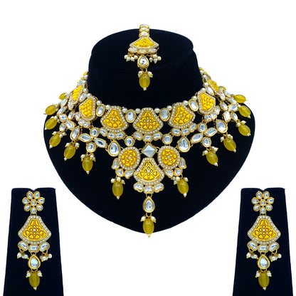 Sujwel Gold-Plated Kundan Necklace Set with Earrings, and Tikka for Girls and Women (08-0535)