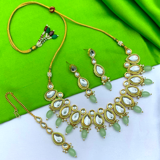 Sujwel Gold-Plated Kundan Necklace Set with Earrings, and Tikka for Girls and Women (08-0534)