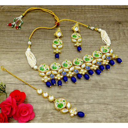 Sujwel Kundan and Painting with Floral Design Chokar Necklace Set (08-0281)