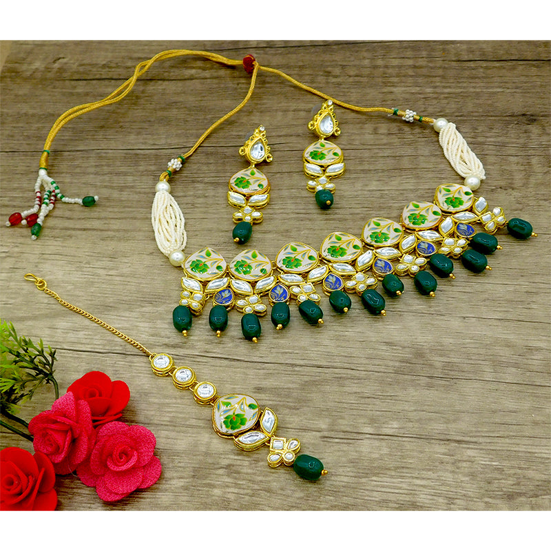 Sujwel Kundan and Painting with Floral Design Chokar Necklace Set (08-0281)