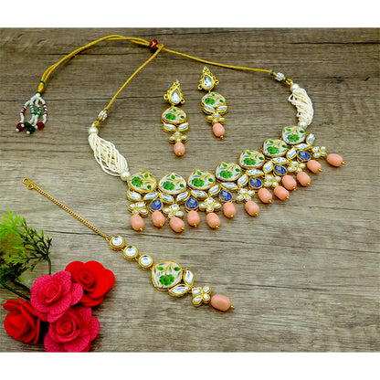 Sujwel Kundan and Painting with Floral Design Chokar Necklace Set (08-0281)