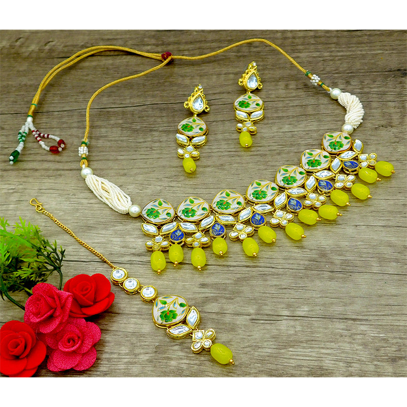 Sujwel Kundan and Painting with Floral Design Chokar Necklace Set (08-0281)