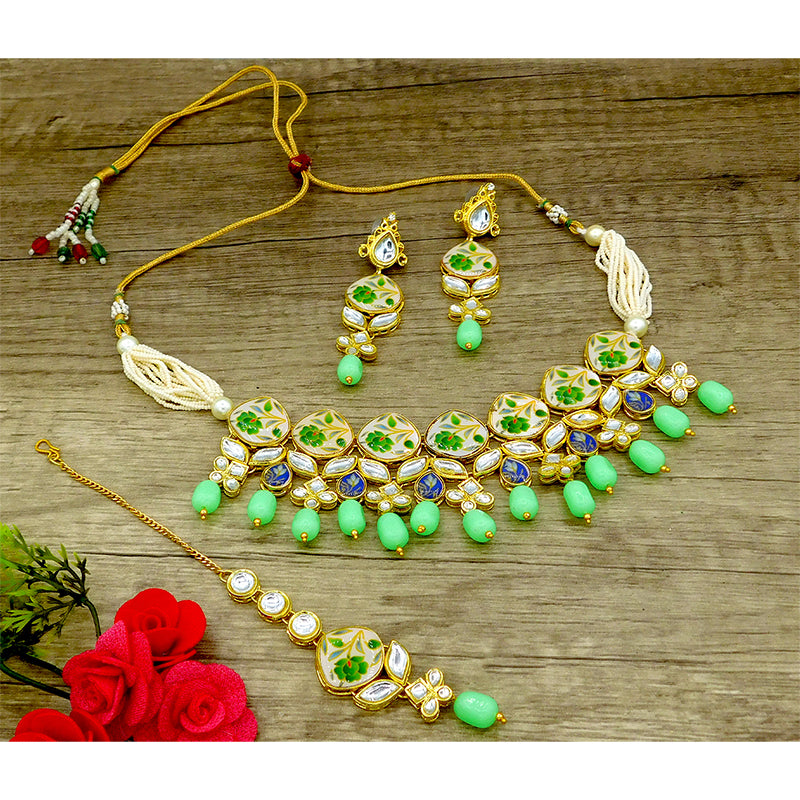 Sujwel Kundan and Painting with Floral Design Chokar Necklace Set (08-0281)