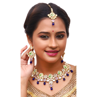 Sujwel Kundan and Painting with Floral Design Chokar Necklace Set (08-0292)