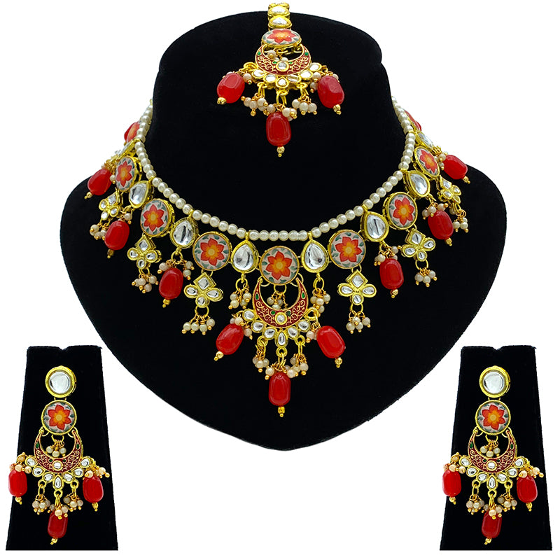 Sujwel Kundan and Meenakari with Floral Design Chokar Necklace Set (08-0285)