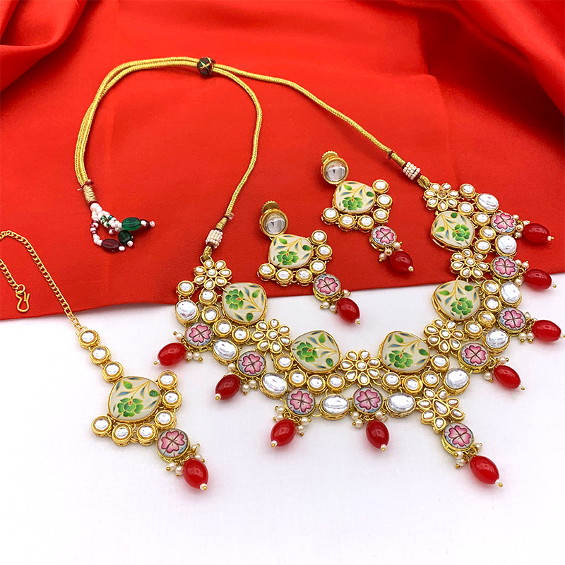 Sujwel Kundan and Painting with Floral Design Chokar Necklace Set (08-0292)