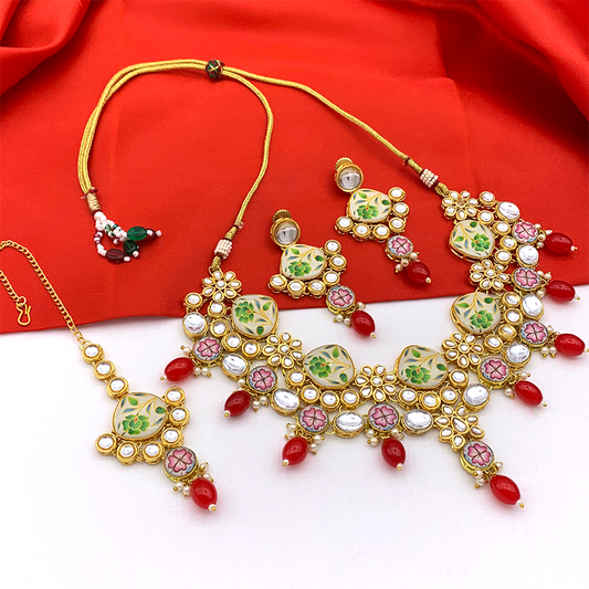 Sujwel Kundan and Painting with Floral Design Chokar Necklace Set (08-0292)