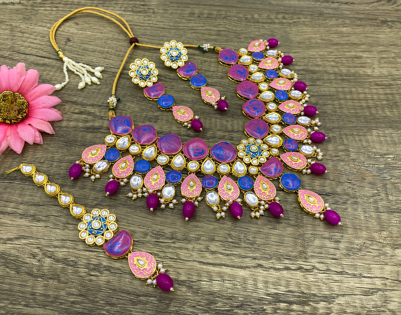 Sujwel Kundan and Meenakari with Floral Design Necklace Set (08-0500)