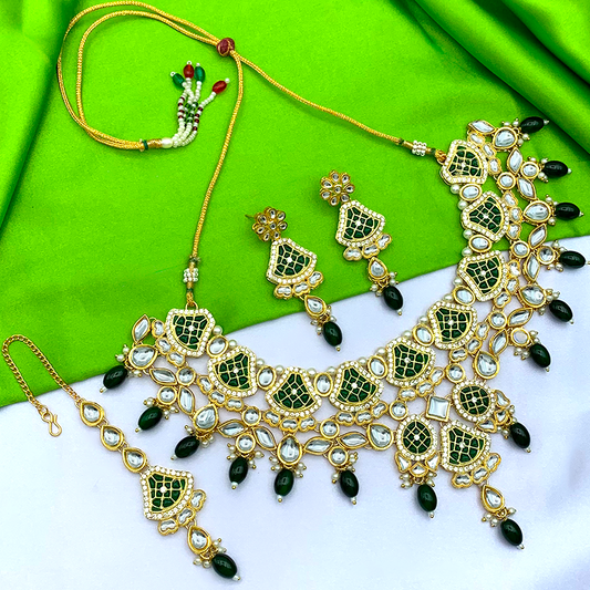 Sujwel Gold-Plated Kundan Necklace Set with Earrings, and Tikka for Girls and Women (08-0535)