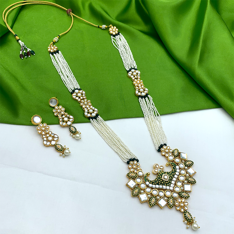 Sujwel Gold Kundan Meenakari Long  Necklace And Earrings(08-0506)