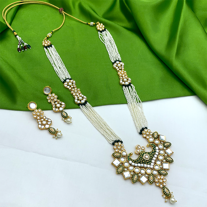 Sujwel Gold Kundan Meenakari Long  Necklace And Earrings(08-0506)