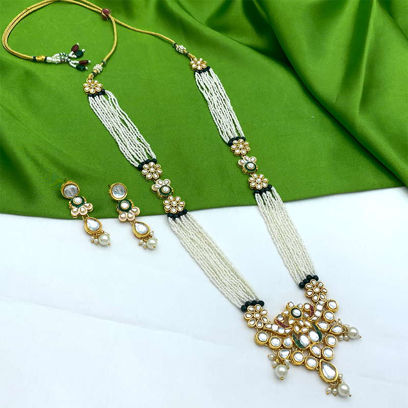 Sujwel Gold Kundan Meenakari Long Necklace And Earrings(08-0522)