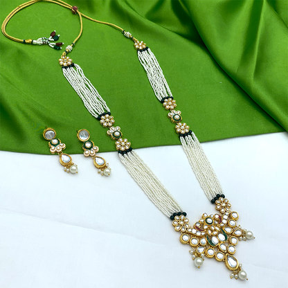 Sujwel Gold Kundan Meenakari Long Necklace And Earrings(08-0522)