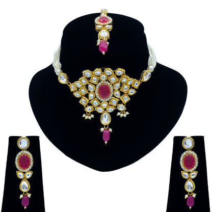 Sujwel Gold Kundan Necklace And Earrings With Maangtikka (08-0510)