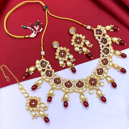 Sujwel Gold-Plated Kundan Necklace Set with Earrings, and Tikka for Girls and Women (08-0528)