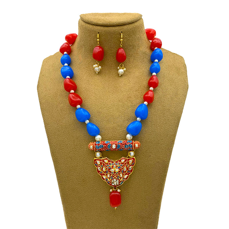 Sujwel Multicolor Meenakari Long Necklace & Earring For Women (08-0496)