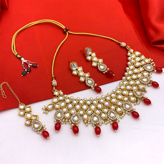 Sujwel Gold Kundan Necklace And Earrings With Maangtikka (08-0503)