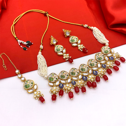 Sujwel Kundan and Painting with Floral Design Chokar Necklace Set (08-0281)