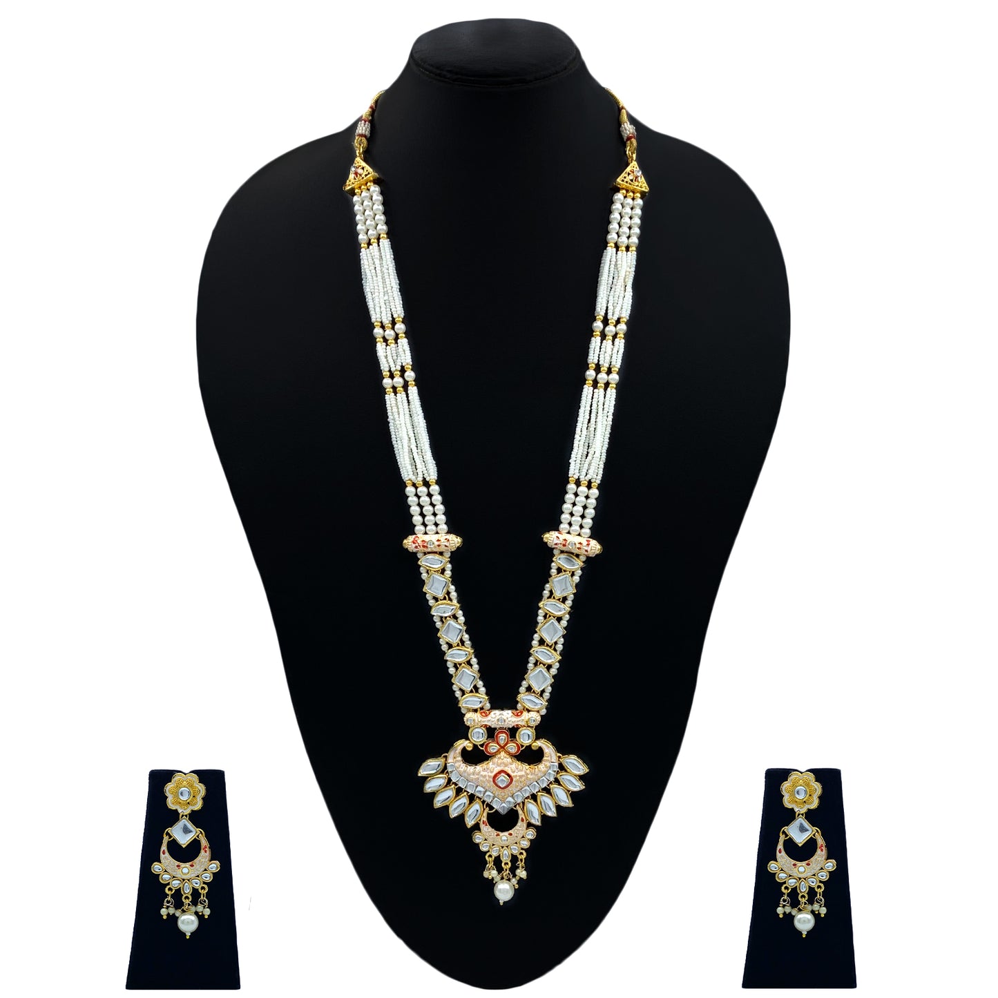 Sujwel Gold Kundan Meenakari Long  Necklace And Earrings (08-0536)