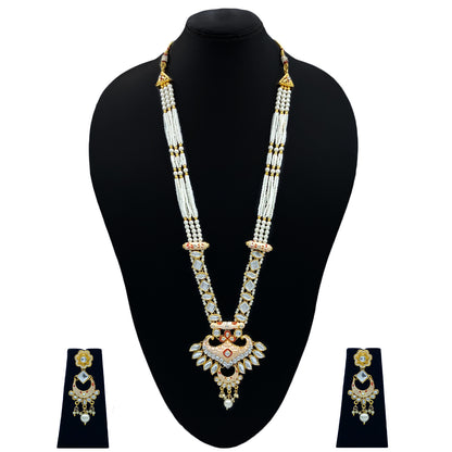 Sujwel Gold Kundan Meenakari Long  Necklace And Earrings (08-0536)