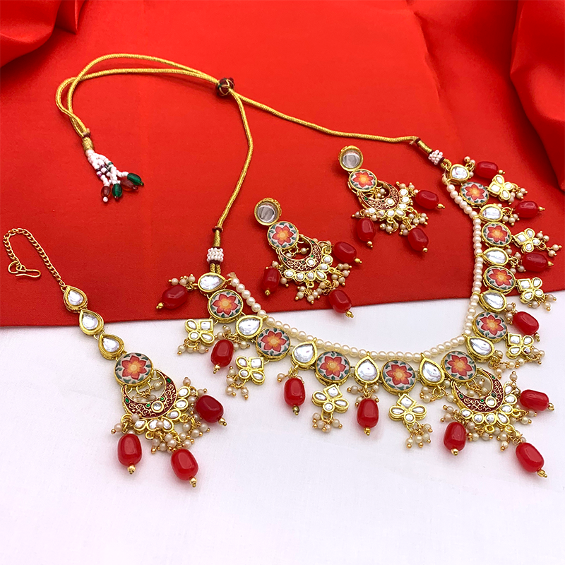 Sujwel Kundan and Meenakari with Floral Design Chokar Necklace Set (08-0285)