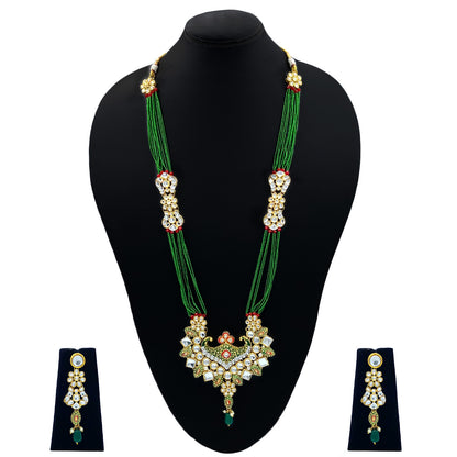 Sujwel Gold Kundan Meenakari Long  Necklace And Earrings(08-0506)