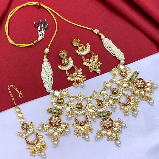 Sujwel Gold-Plated Kundan Necklace Set with Earrings, and Tikka for Girls and Women  (08-0530)