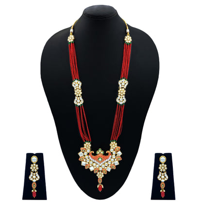 Sujwel Gold Kundan Meenakari Long  Necklace And Earrings(08-0506)