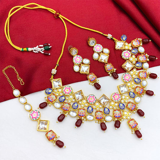 Sujwel Gold Plated Kundan Floral Design Choker Necklace Set (08-0271)