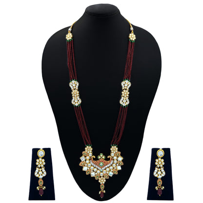 Sujwel Gold Kundan Meenakari Long  Necklace And Earrings(08-0506)