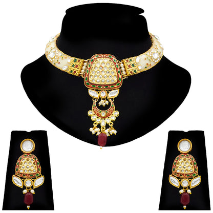 Sujwel Imitation Hathi Dant Gold Necklace Set (08-0473)