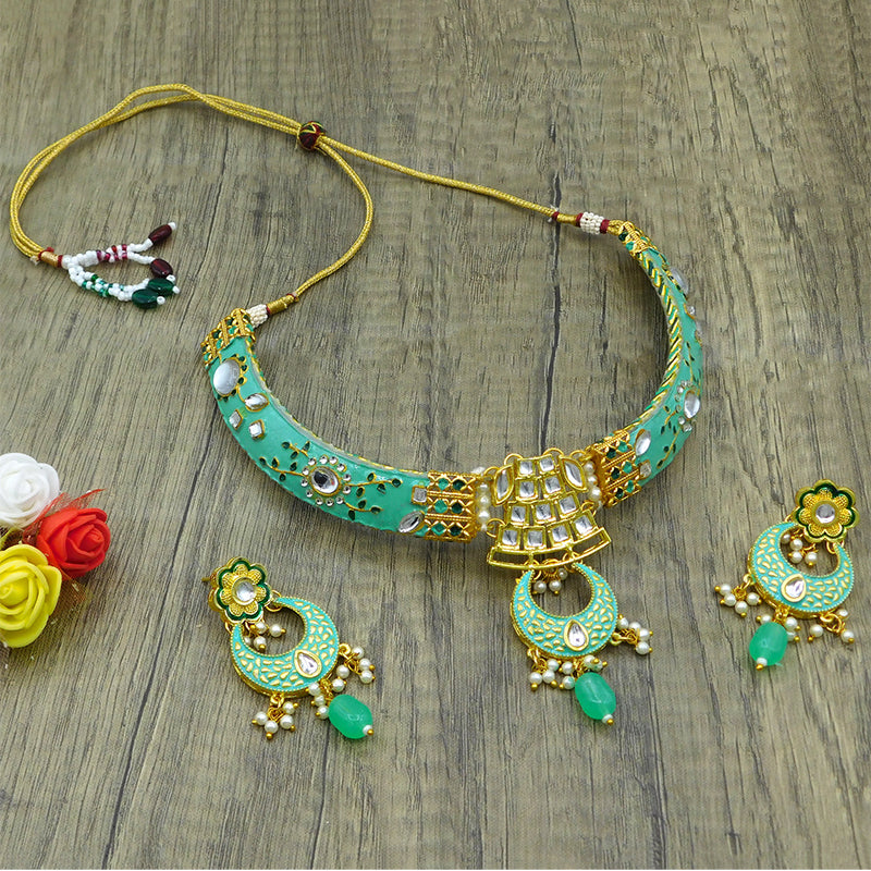 New Sujwel Imitation Hathi Dant Gold Necklace Set (08-0475)