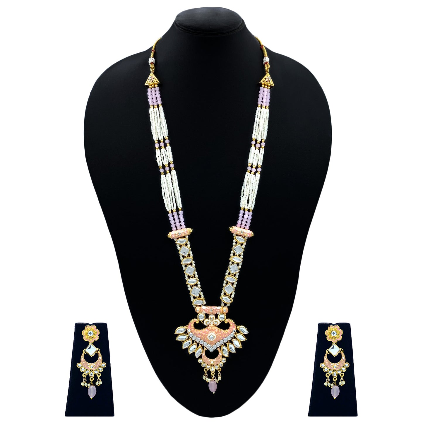 Sujwel Gold Kundan Meenakari Long  Necklace And Earrings (08-0536)