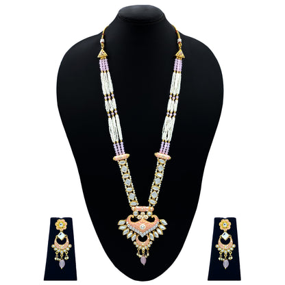 Sujwel Gold Kundan Meenakari Long  Necklace And Earrings (08-0536)