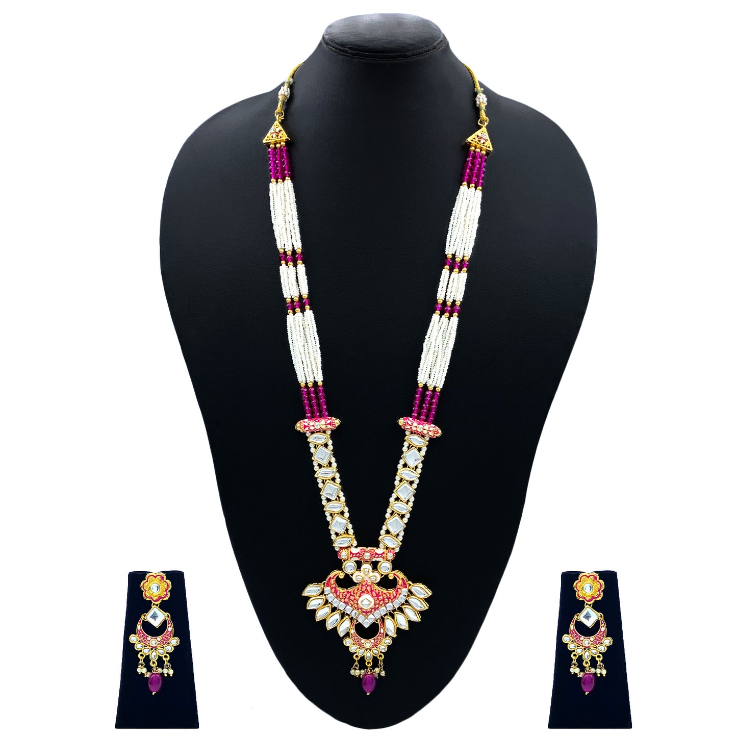 Sujwel Gold Kundan Meenakari Long  Necklace And Earrings (08-0536)