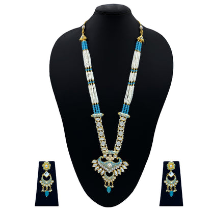 Sujwel Gold Kundan Meenakari Long  Necklace And Earrings (08-0536)