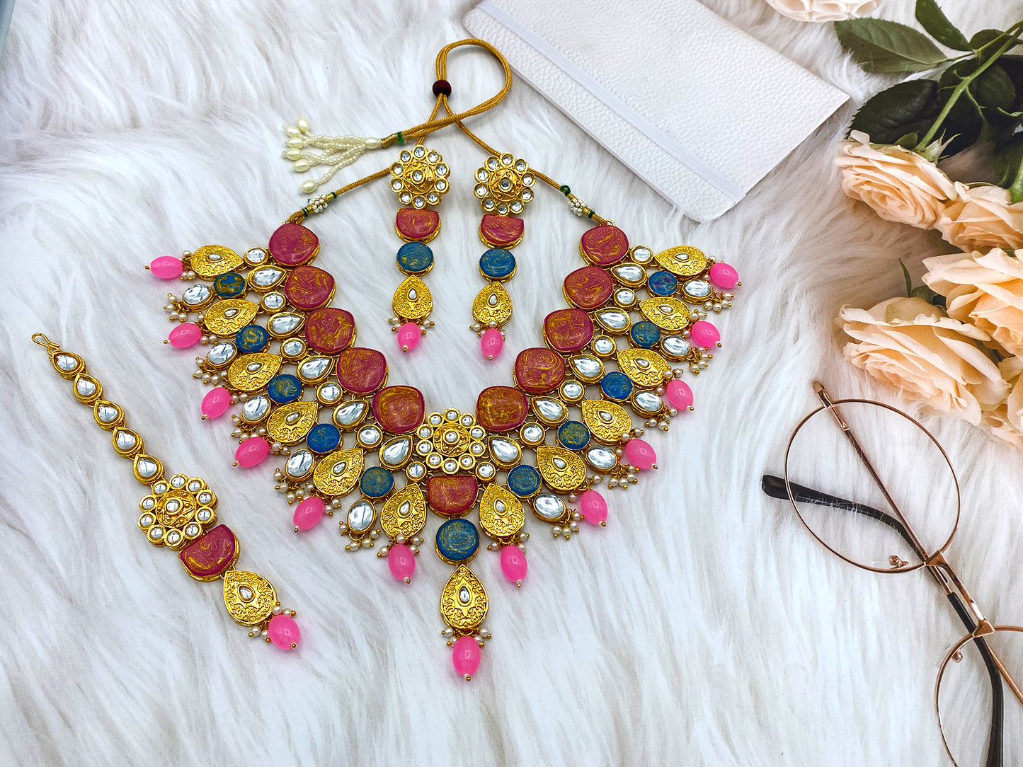 Sujwel Kundan and Meenakari with Floral Design Necklace Set (08-0500)