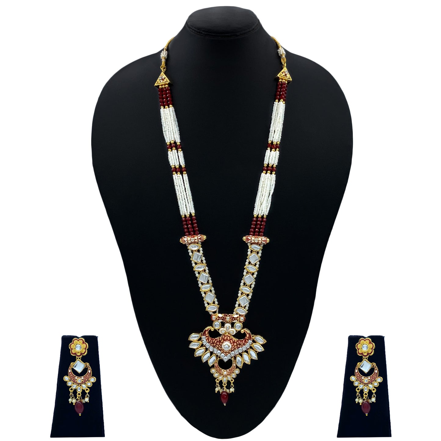 Sujwel Gold Kundan Meenakari Long  Necklace And Earrings (08-0536)