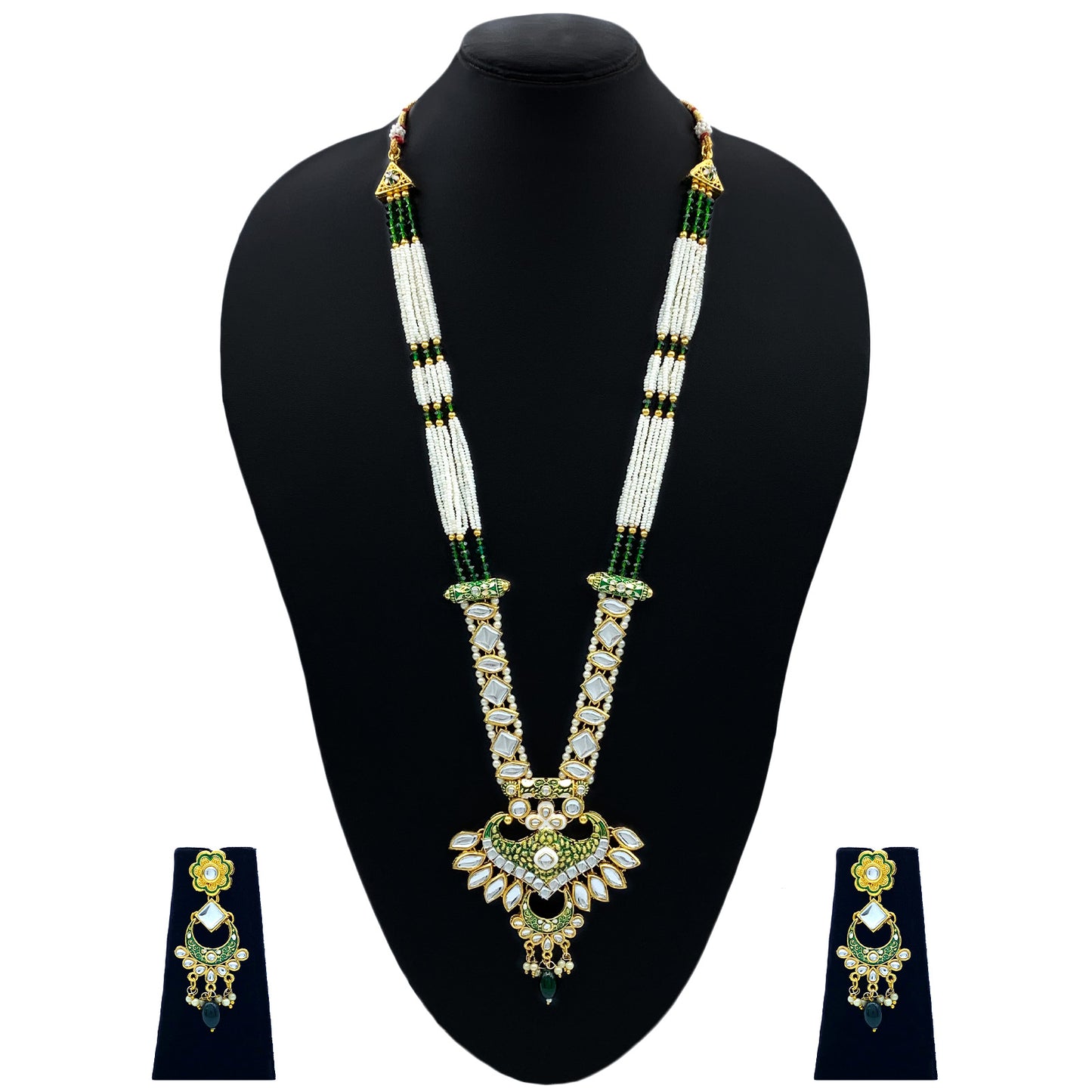 Sujwel Gold Kundan Meenakari Long  Necklace And Earrings (08-0536)